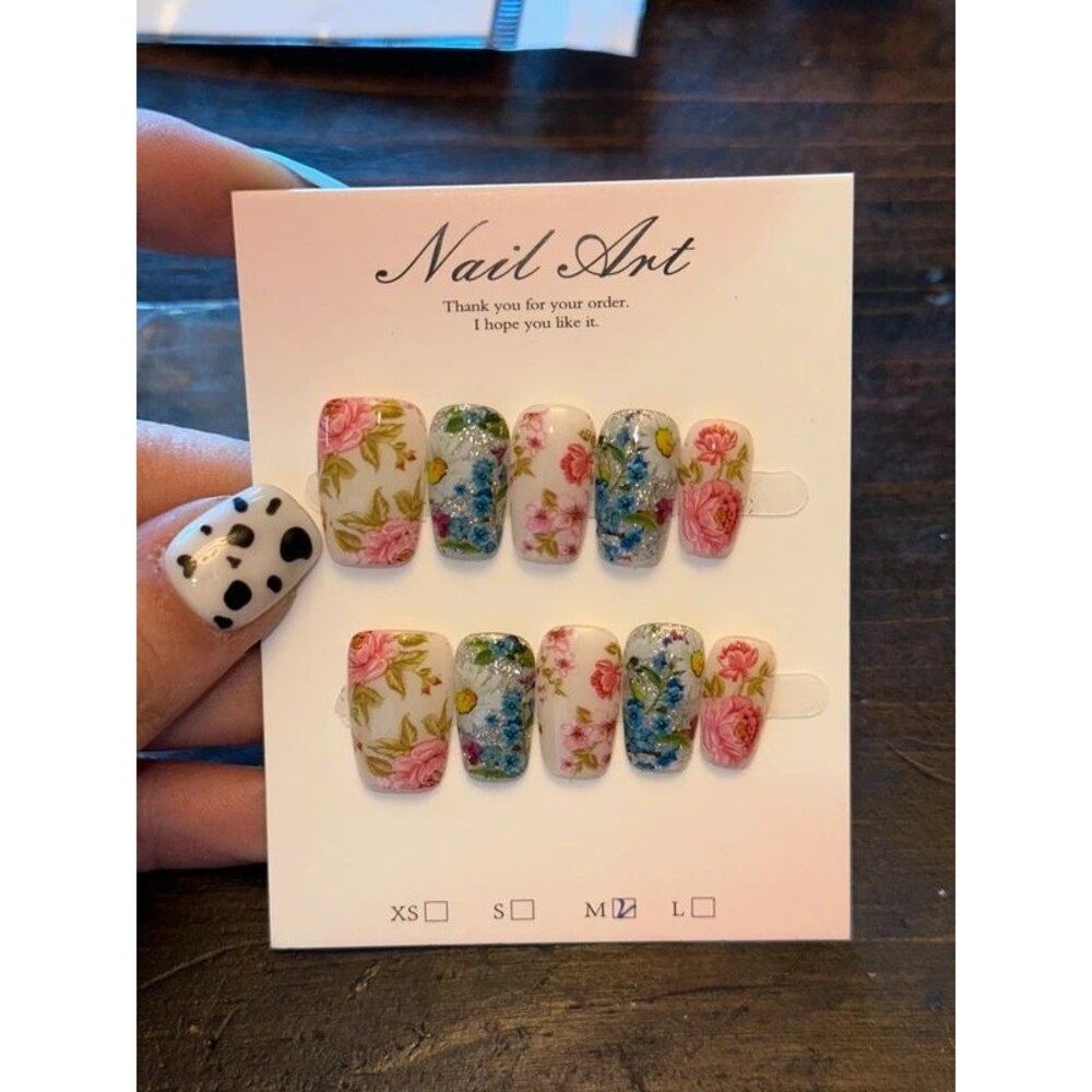 Blue & Pink Floral Square Press On Nails Size Medium